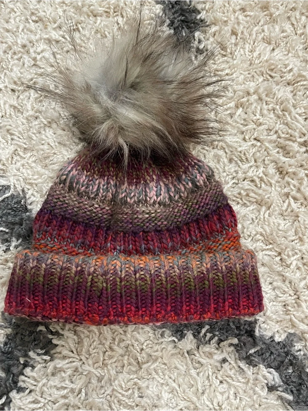 David and Young Multicolor Knit Pom Beanie in Burgundy, Purple, Green and Orange